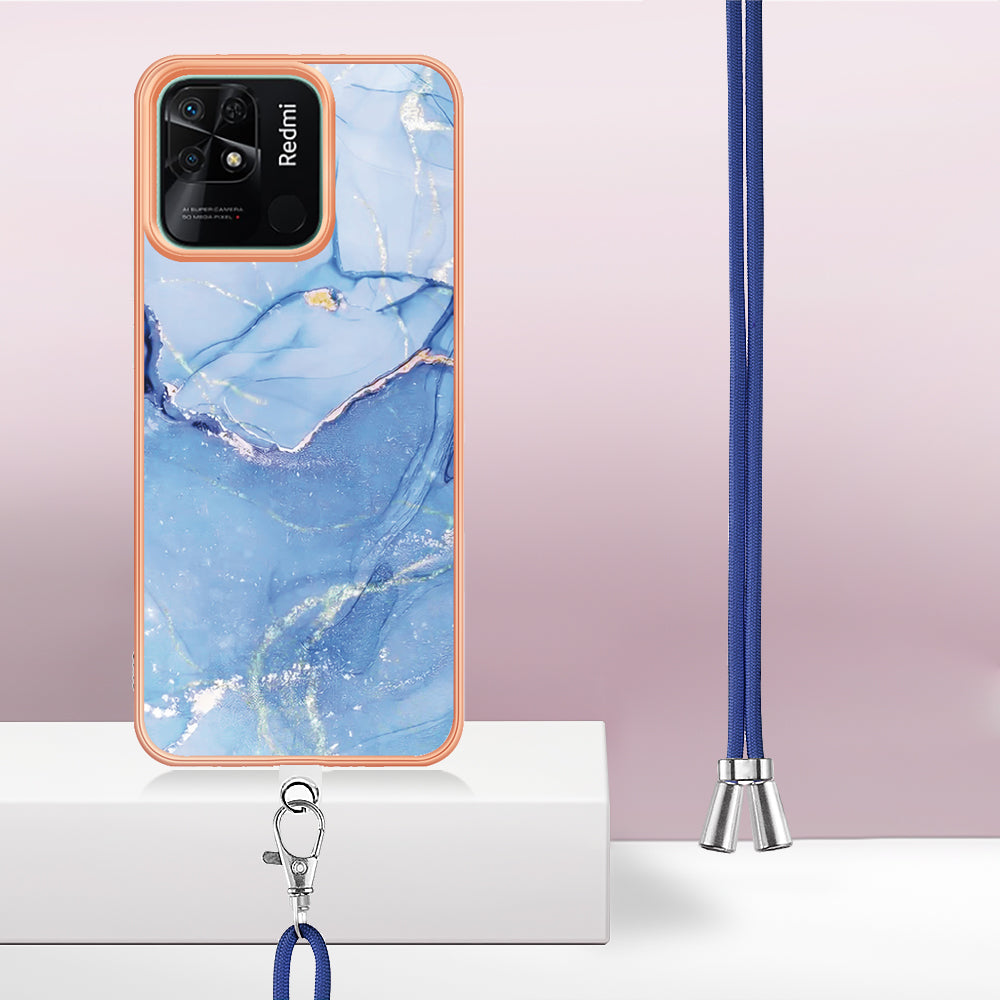 YB IMD Series-18 Style E for Xiaomi Redmi 10C 4G Marble Pattern Slim Case Electroplating 2.0mm TPU Phone Cover with Lanyard