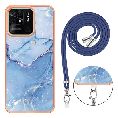 YB IMD Series-18 Style E for Xiaomi Redmi 10C 4G Marble Pattern Slim Case Electroplating 2.0mm TPU Phone Cover with Lanyard