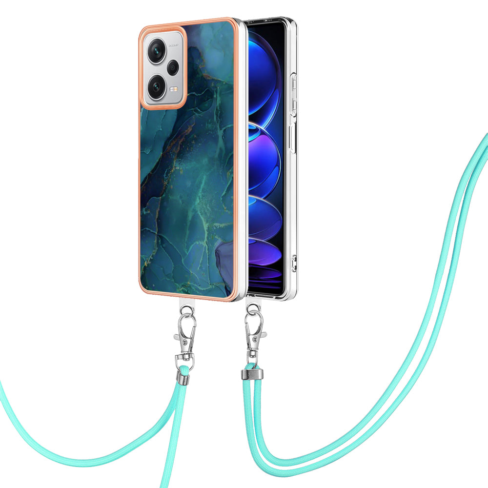 YB IMD Series-18 Style E for Xiaomi Redmi Note 12 Pro+ 5G Marble Pattern 2.0mm TPU Case IMD Electroplating Phone Cover with Lanyard