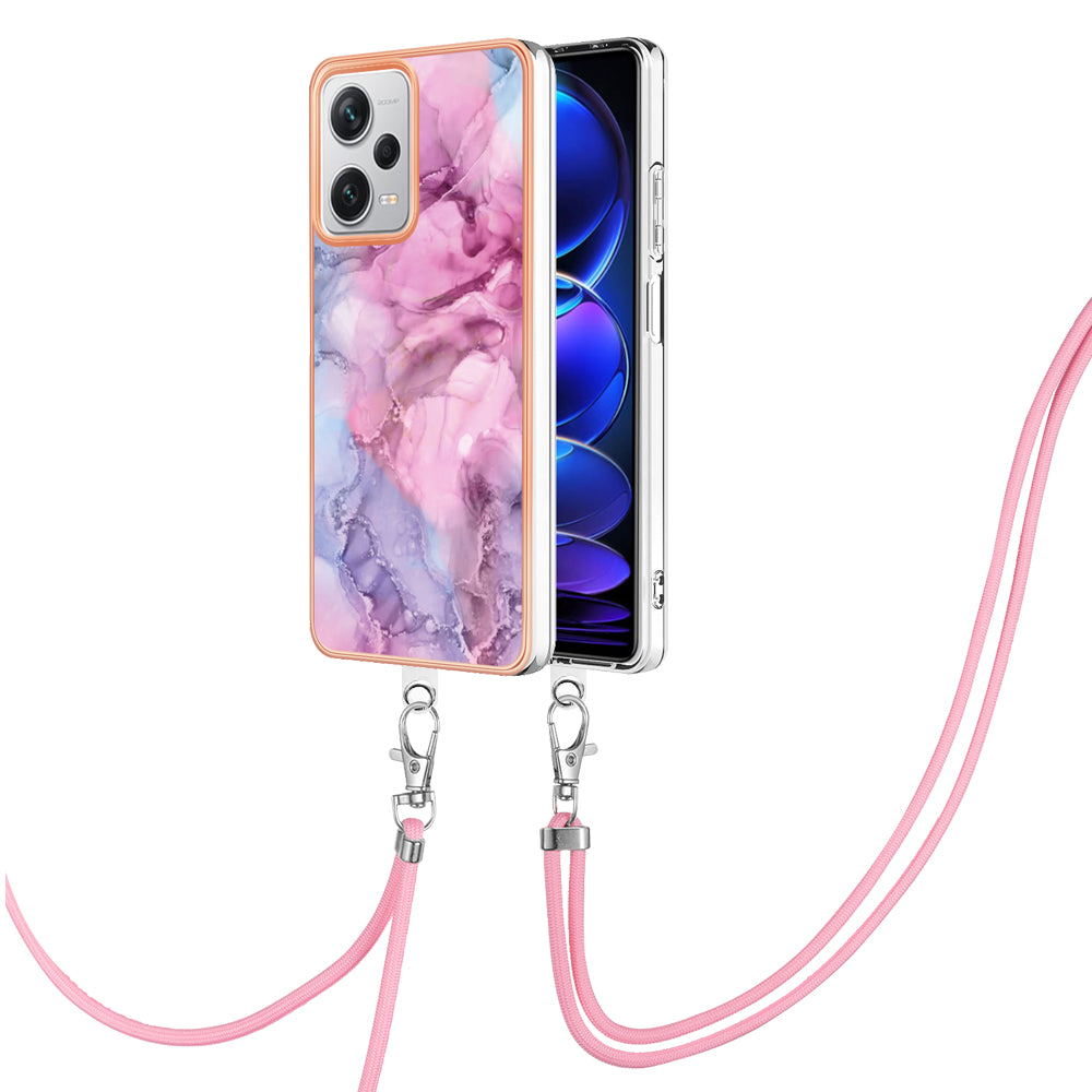YB IMD Series-18 Style E for Xiaomi Redmi Note 12 Pro+ 5G Marble Pattern 2.0mm TPU Case IMD Electroplating Phone Cover with Lanyard