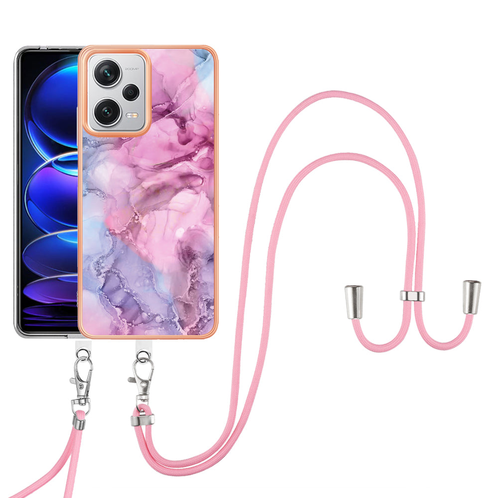 YB IMD Series-18 Style E for Xiaomi Redmi Note 12 Pro+ 5G Marble Pattern 2.0mm TPU Case IMD Electroplating Phone Cover with Lanyard