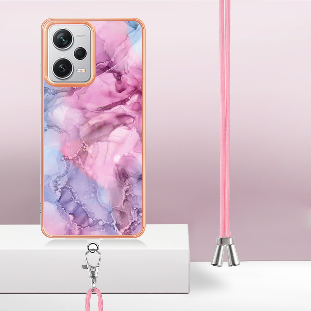 YB IMD Series-18 Style E for Xiaomi Redmi Note 12 Pro+ 5G Marble Pattern 2.0mm TPU Case IMD Electroplating Phone Cover with Lanyard