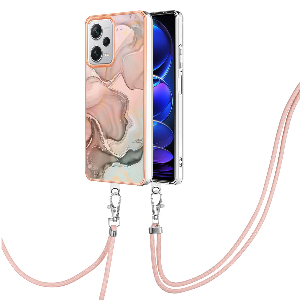 YB IMD Series-18 Style E for Xiaomi Redmi Note 12 Pro+ 5G Marble Pattern 2.0mm TPU Case IMD Electroplating Phone Cover with Lanyard
