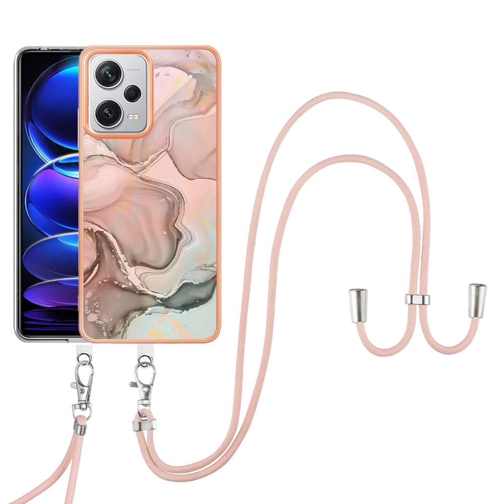 YB IMD Series-18 Style E for Xiaomi Redmi Note 12 Pro+ 5G Marble Pattern 2.0mm TPU Case IMD Electroplating Phone Cover with Lanyard