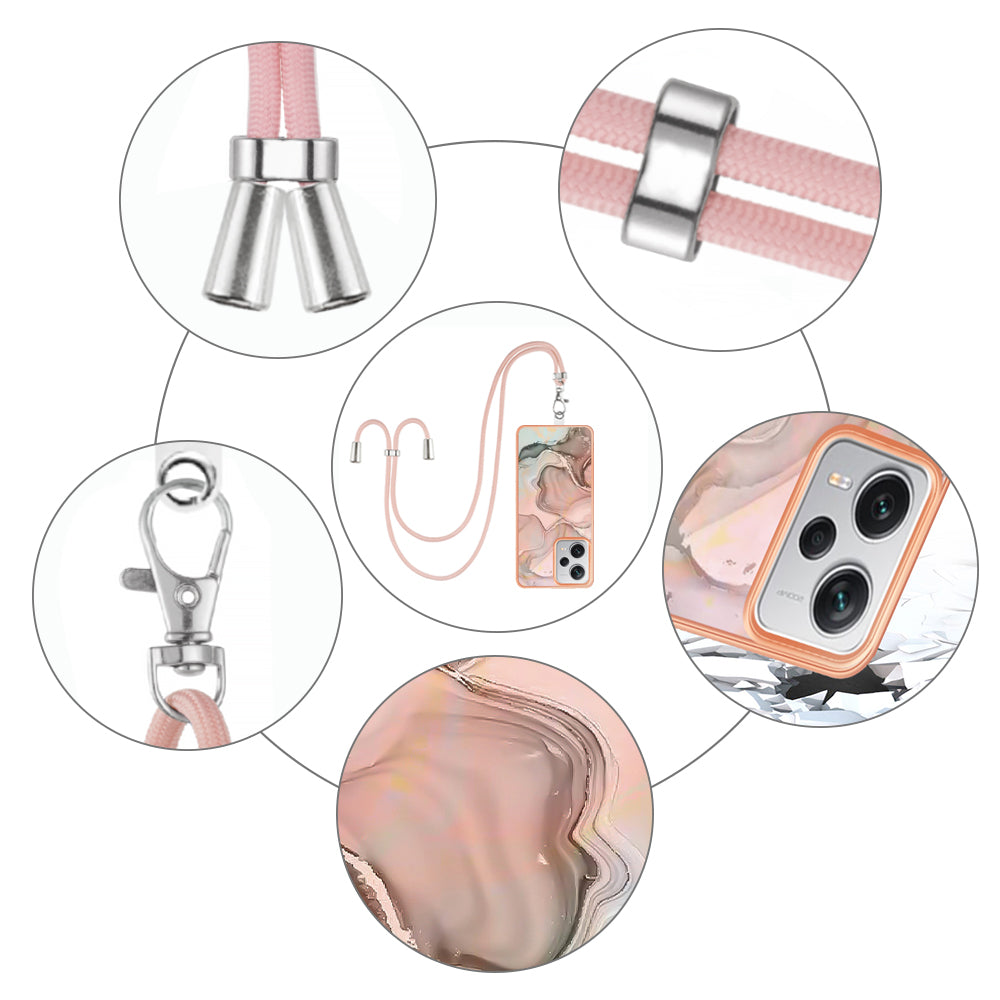 YB IMD Series-18 Style E for Xiaomi Redmi Note 12 Pro+ 5G Marble Pattern 2.0mm TPU Case IMD Electroplating Phone Cover with Lanyard