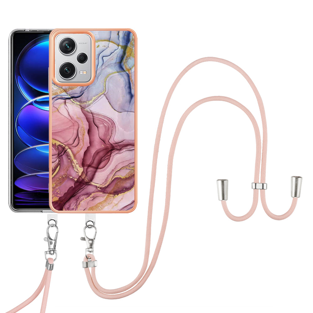 YB IMD Series-18 Style E for Xiaomi Redmi Note 12 Pro+ 5G Marble Pattern 2.0mm TPU Case IMD Electroplating Phone Cover with Lanyard