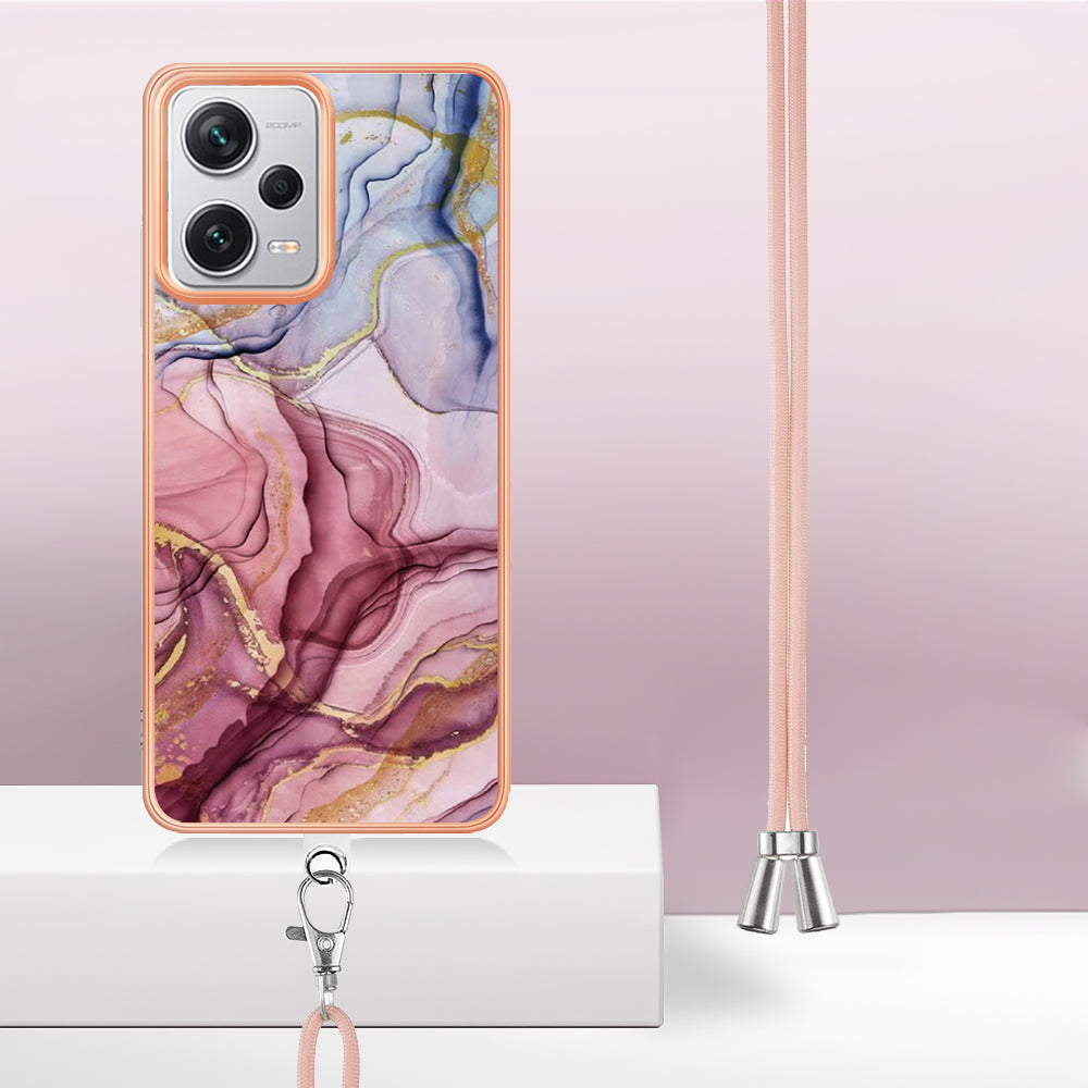 YB IMD Series-18 Style E for Xiaomi Redmi Note 12 Pro+ 5G Marble Pattern 2.0mm TPU Case IMD Electroplating Phone Cover with Lanyard