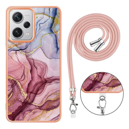 YB IMD Series-18 Style E for Xiaomi Redmi Note 12 Pro+ 5G Marble Pattern 2.0mm TPU Case IMD Electroplating Phone Cover with Lanyard