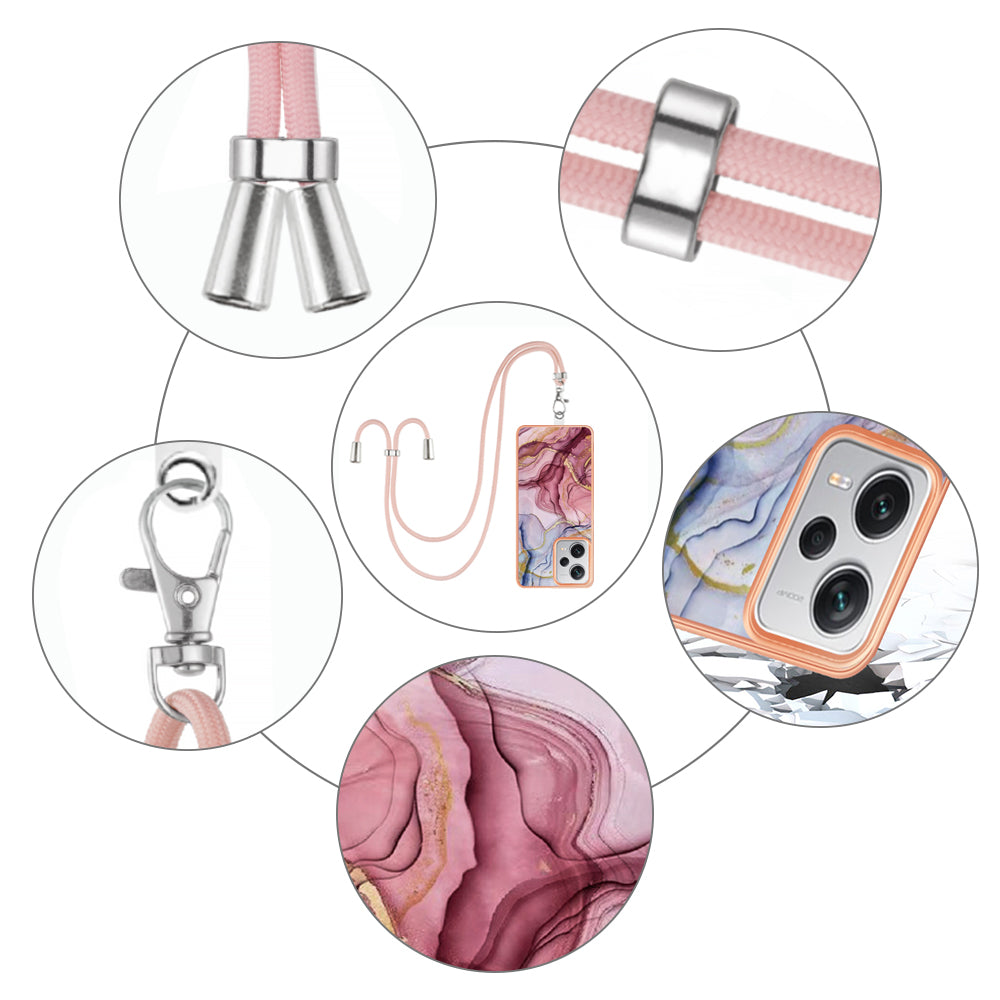 YB IMD Series-18 Style E for Xiaomi Redmi Note 12 Pro+ 5G Marble Pattern 2.0mm TPU Case IMD Electroplating Phone Cover with Lanyard