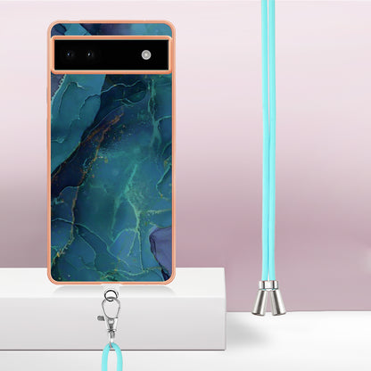 YB IMD Series-18 Style E for Google Pixel 6a Marble Pattern Slim Case Electroplating Frame 2.0mm Flexible TPU Phone Cover with Lanyard