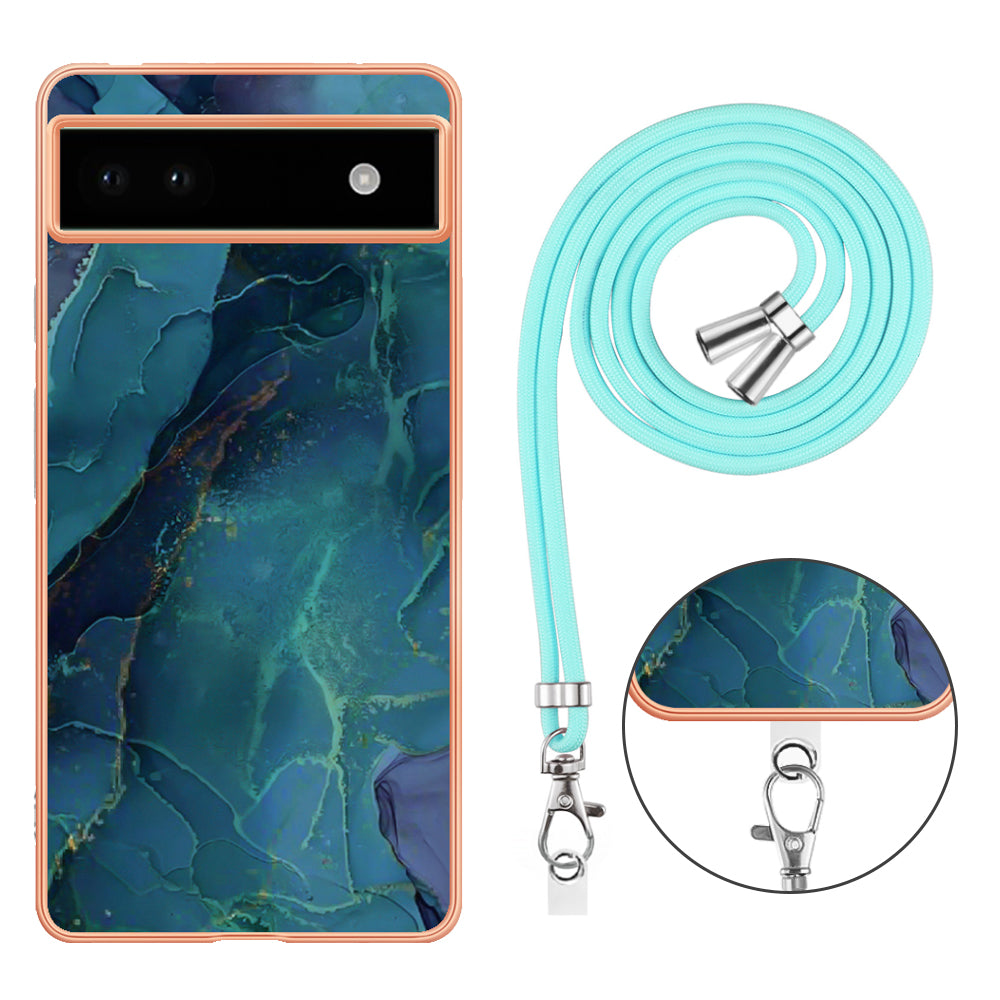 YB IMD Series-18 Style E for Google Pixel 6a Marble Pattern Slim Case Electroplating Frame 2.0mm Flexible TPU Phone Cover with Lanyard