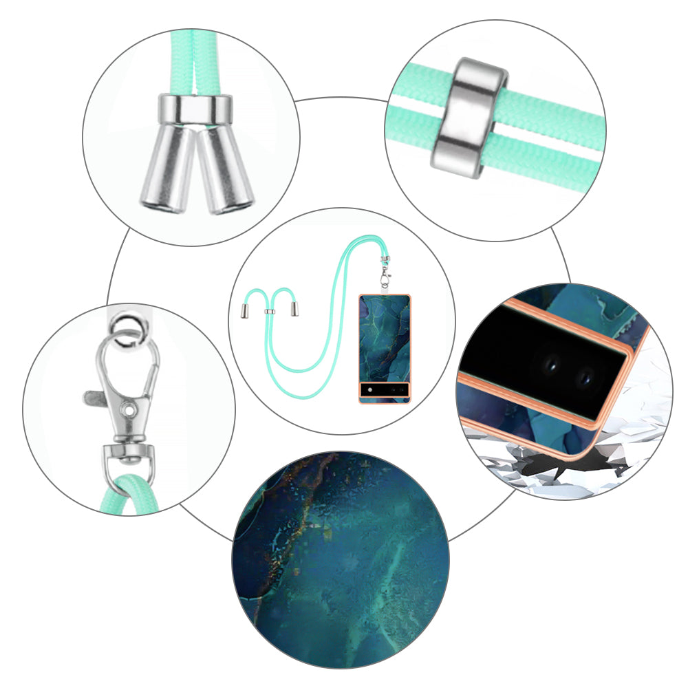 YB IMD Series-18 Style E for Google Pixel 6a Marble Pattern Slim Case Electroplating Frame 2.0mm Flexible TPU Phone Cover with Lanyard