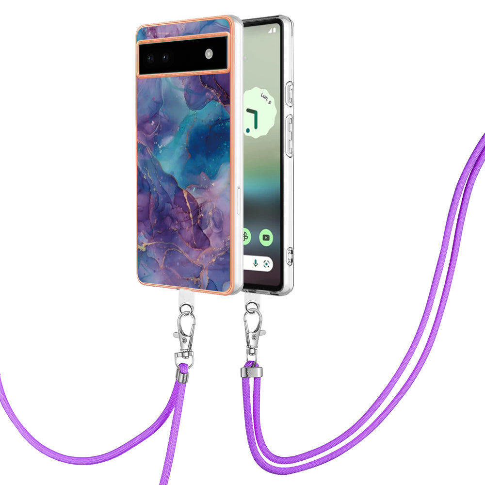 YB IMD Series-18 Style E for Google Pixel 6a Marble Pattern Slim Case Electroplating Frame 2.0mm Flexible TPU Phone Cover with Lanyard