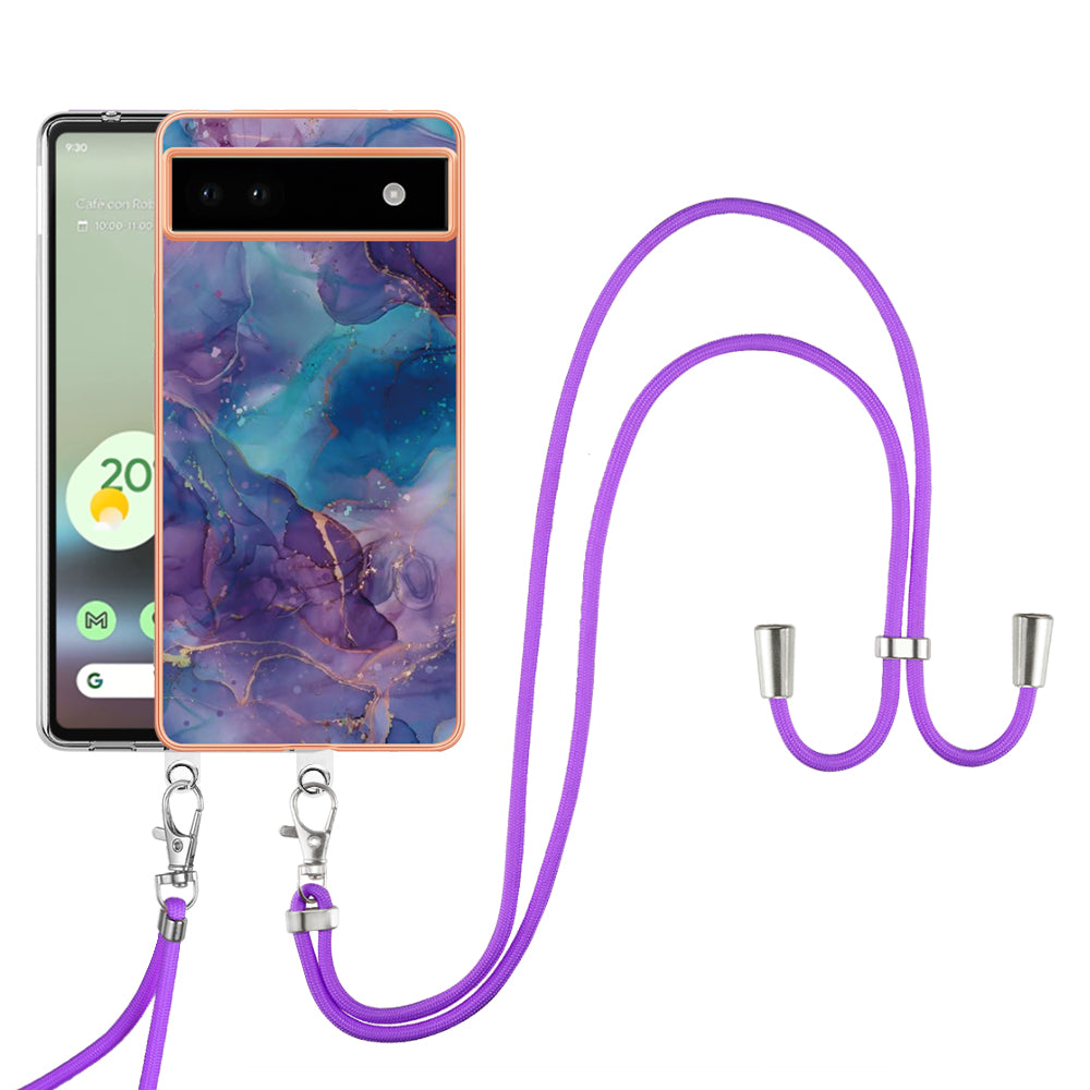 YB IMD Series-18 Style E for Google Pixel 6a Marble Pattern Slim Case Electroplating Frame 2.0mm Flexible TPU Phone Cover with Lanyard