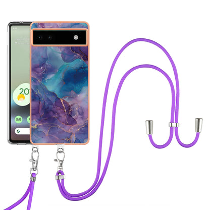 YB IMD Series-18 Style E for Google Pixel 6a Marble Pattern Slim Case Electroplating Frame 2.0mm Flexible TPU Phone Cover with Lanyard
