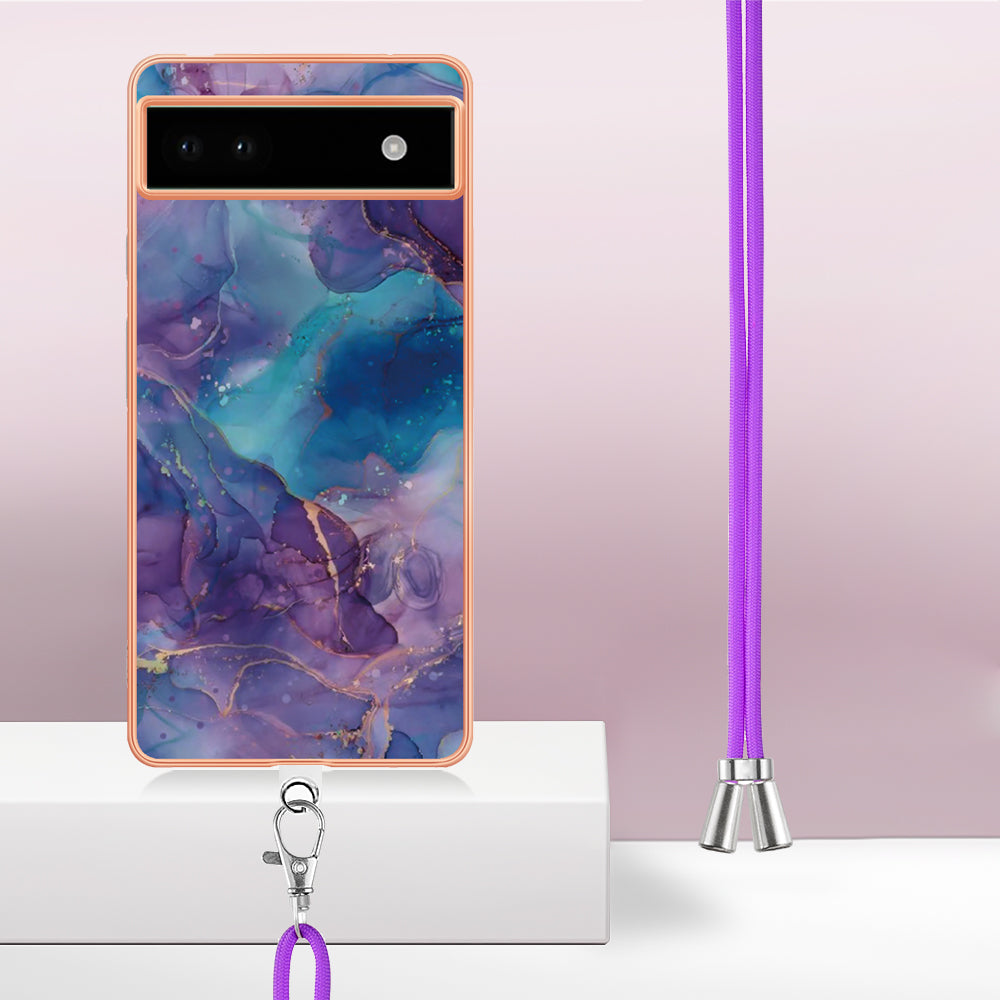 YB IMD Series-18 Style E for Google Pixel 6a Marble Pattern Slim Case Electroplating Frame 2.0mm Flexible TPU Phone Cover with Lanyard