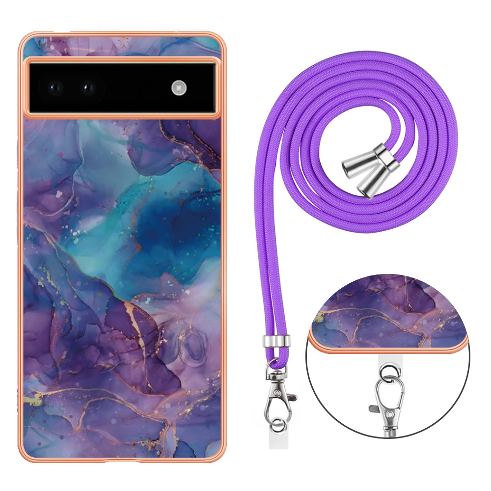 YB IMD Series-18 Style E for Google Pixel 6a Marble Pattern Slim Case Electroplating Frame 2.0mm Flexible TPU Phone Cover with Lanyard