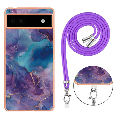 YB IMD Series-18 Style E for Google Pixel 6a Marble Pattern Slim Case Electroplating Frame 2.0mm Flexible TPU Phone Cover with Lanyard