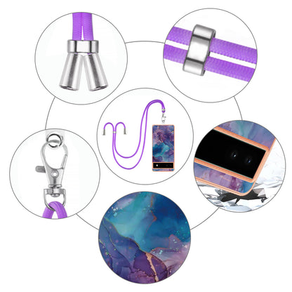 YB IMD Series-18 Style E for Google Pixel 6a Marble Pattern Slim Case Electroplating Frame 2.0mm Flexible TPU Phone Cover with Lanyard