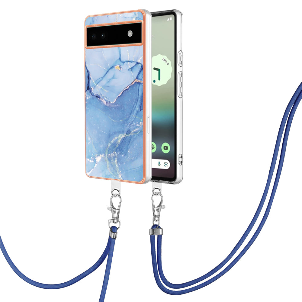 YB IMD Series-18 Style E for Google Pixel 6a Marble Pattern Slim Case Electroplating Frame 2.0mm Flexible TPU Phone Cover with Lanyard