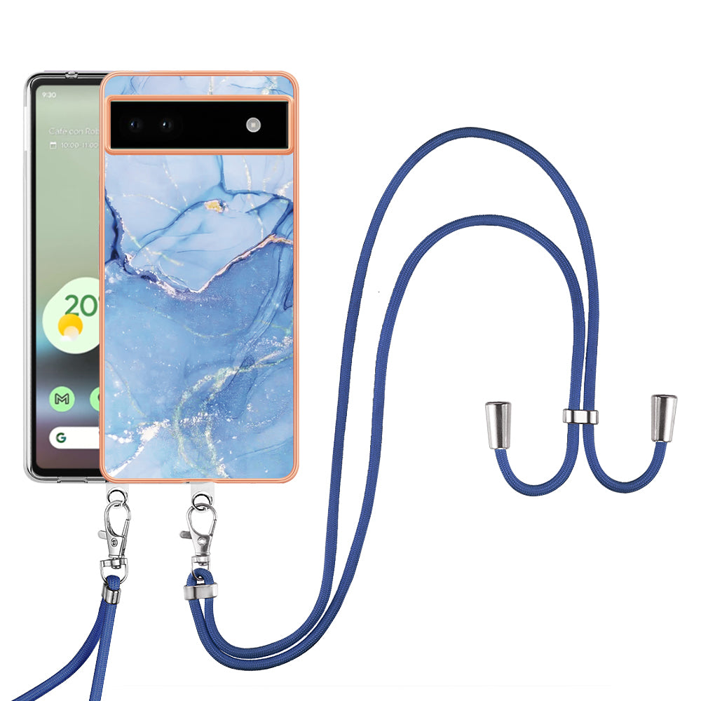 YB IMD Series-18 Style E for Google Pixel 6a Marble Pattern Slim Case Electroplating Frame 2.0mm Flexible TPU Phone Cover with Lanyard