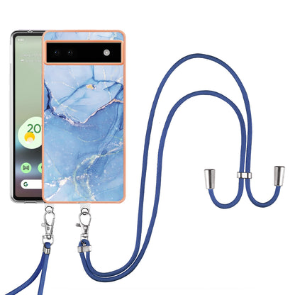 YB IMD Series-18 Style E for Google Pixel 6a Marble Pattern Slim Case Electroplating Frame 2.0mm Flexible TPU Phone Cover with Lanyard