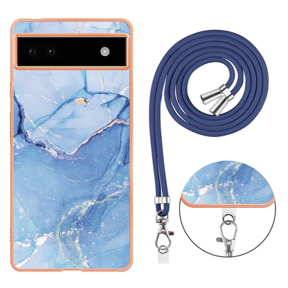 YB IMD Series-18 Style E for Google Pixel 6a Marble Pattern Slim Case Electroplating Frame 2.0mm Flexible TPU Phone Cover with Lanyard