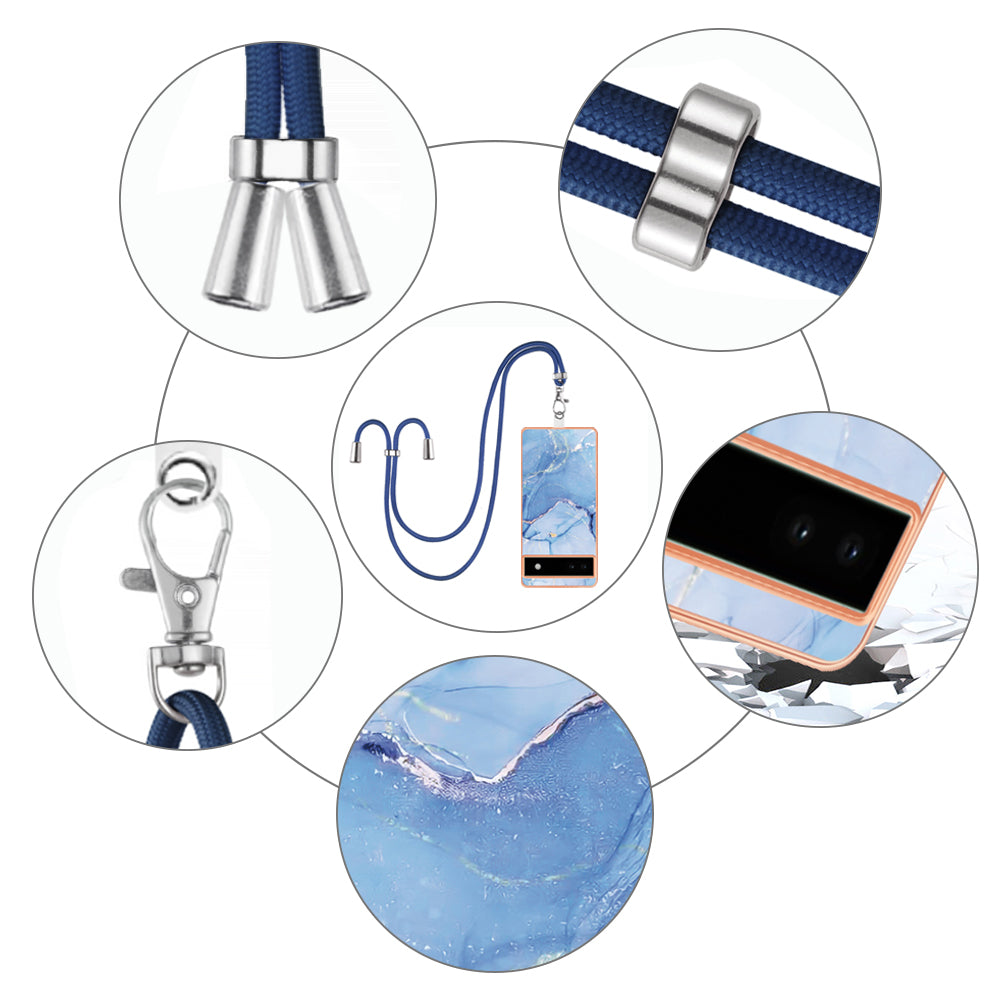 YB IMD Series-18 Style E for Google Pixel 6a Marble Pattern Slim Case Electroplating Frame 2.0mm Flexible TPU Phone Cover with Lanyard