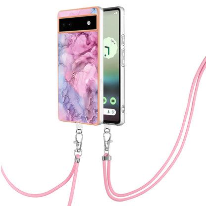 YB IMD Series-18 Style E for Google Pixel 6a Marble Pattern Slim Case Electroplating Frame 2.0mm Flexible TPU Phone Cover with Lanyard