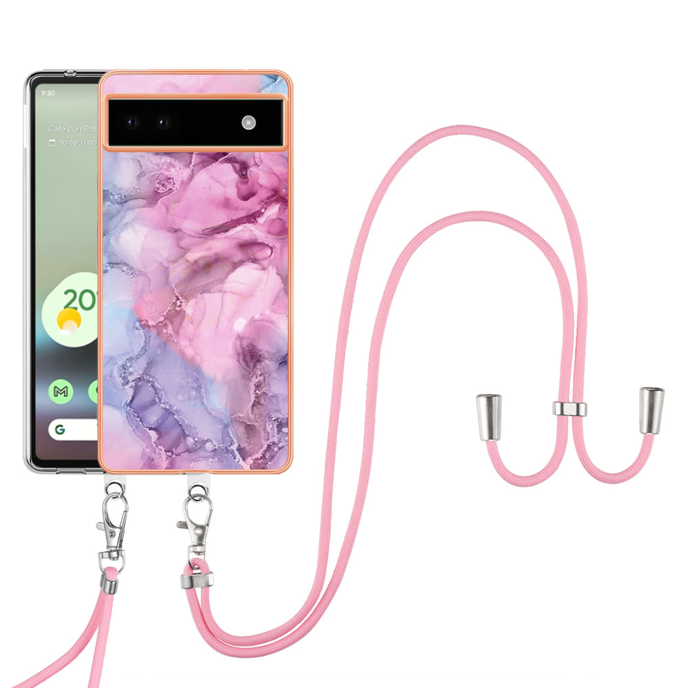 YB IMD Series-18 Style E for Google Pixel 6a Marble Pattern Slim Case Electroplating Frame 2.0mm Flexible TPU Phone Cover with Lanyard