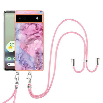 YB IMD Series-18 Style E for Google Pixel 6a Marble Pattern Slim Case Electroplating Frame 2.0mm Flexible TPU Phone Cover with Lanyard