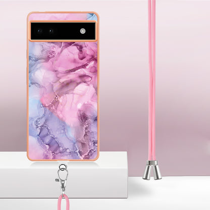 YB IMD Series-18 Style E for Google Pixel 6a Marble Pattern Slim Case Electroplating Frame 2.0mm Flexible TPU Phone Cover with Lanyard