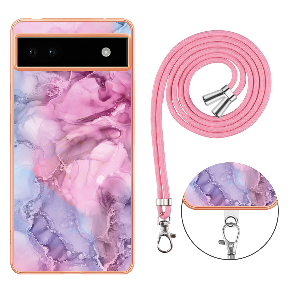 YB IMD Series-18 Style E for Google Pixel 6a Marble Pattern Slim Case Electroplating Frame 2.0mm Flexible TPU Phone Cover with Lanyard