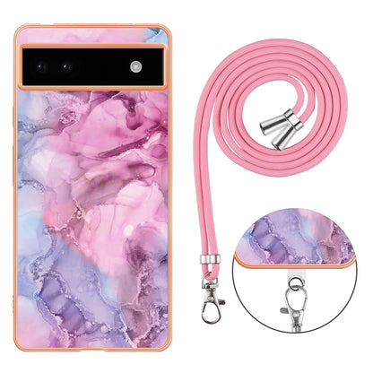 YB IMD Series-18 Style E for Google Pixel 6a Marble Pattern Slim Case Electroplating Frame 2.0mm Flexible TPU Phone Cover with Lanyard