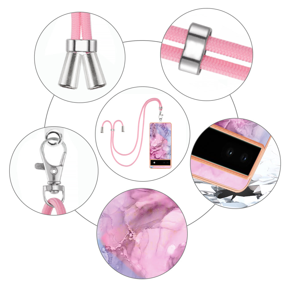 YB IMD Series-18 Style E for Google Pixel 6a Marble Pattern Slim Case Electroplating Frame 2.0mm Flexible TPU Phone Cover with Lanyard