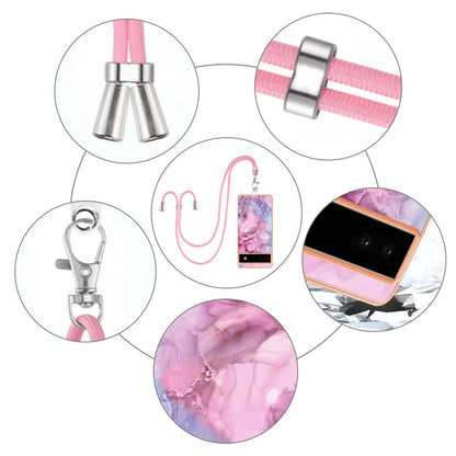 YB IMD Series-18 Style E for Google Pixel 6a Marble Pattern Slim Case Electroplating Frame 2.0mm Flexible TPU Phone Cover with Lanyard