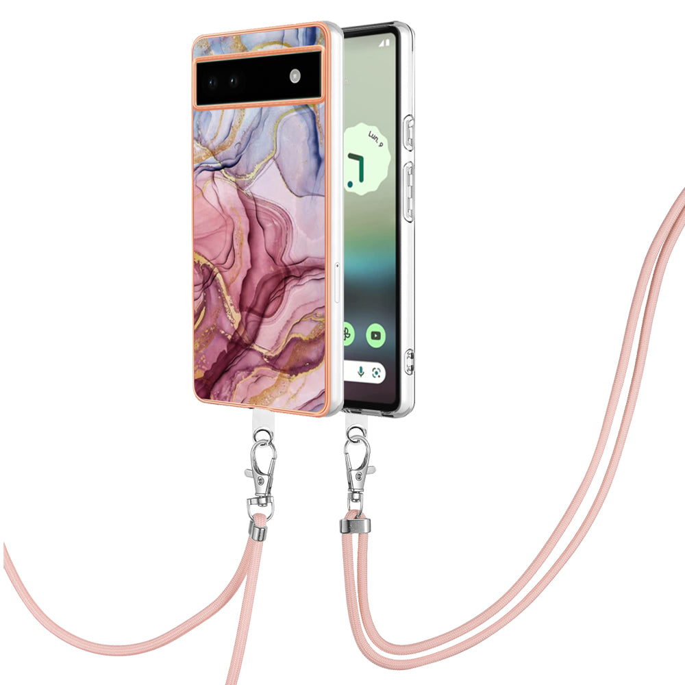 YB IMD Series-18 Style E for Google Pixel 6a Marble Pattern Slim Case Electroplating Frame 2.0mm Flexible TPU Phone Cover with Lanyard