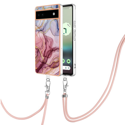 YB IMD Series-18 Style E for Google Pixel 6a Marble Pattern Slim Case Electroplating Frame 2.0mm Flexible TPU Phone Cover with Lanyard