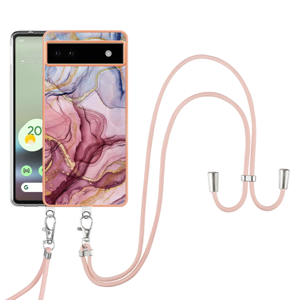 YB IMD Series-18 Style E for Google Pixel 6a Marble Pattern Slim Case Electroplating Frame 2.0mm Flexible TPU Phone Cover with Lanyard