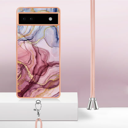 YB IMD Series-18 Style E for Google Pixel 6a Marble Pattern Slim Case Electroplating Frame 2.0mm Flexible TPU Phone Cover with Lanyard