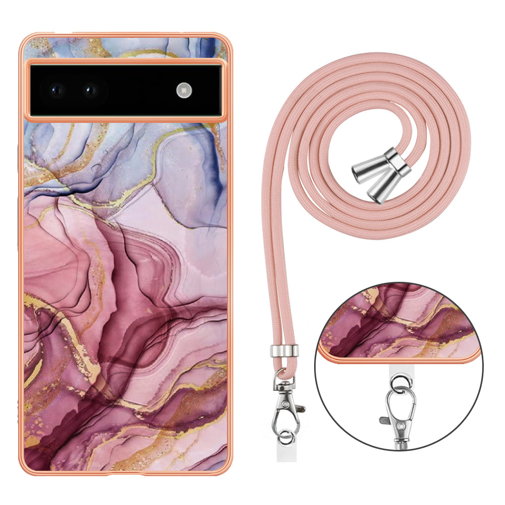 YB IMD Series-18 Style E for Google Pixel 6a Marble Pattern Slim Case Electroplating Frame 2.0mm Flexible TPU Phone Cover with Lanyard