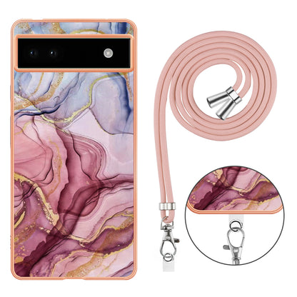 YB IMD Series-18 Style E for Google Pixel 6a Marble Pattern Slim Case Electroplating Frame 2.0mm Flexible TPU Phone Cover with Lanyard