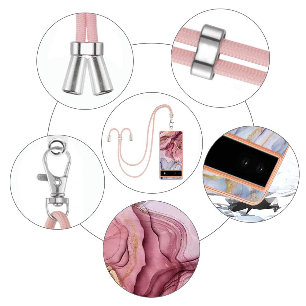 YB IMD Series-18 Style E for Google Pixel 6a Marble Pattern Slim Case Electroplating Frame 2.0mm Flexible TPU Phone Cover with Lanyard