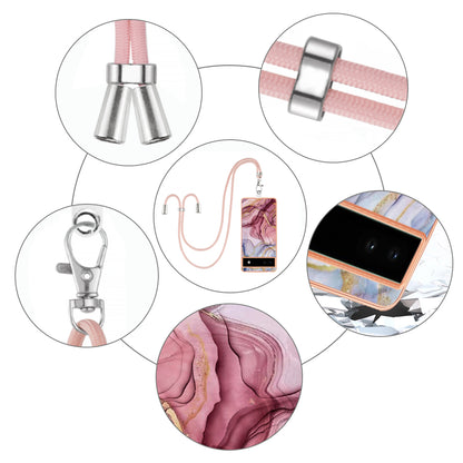 YB IMD Series-18 Style E for Google Pixel 6a Marble Pattern Slim Case Electroplating Frame 2.0mm Flexible TPU Phone Cover with Lanyard