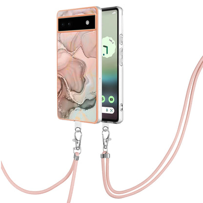 YB IMD Series-18 Style E for Google Pixel 6a Marble Pattern Slim Case Electroplating Frame 2.0mm Flexible TPU Phone Cover with Lanyard