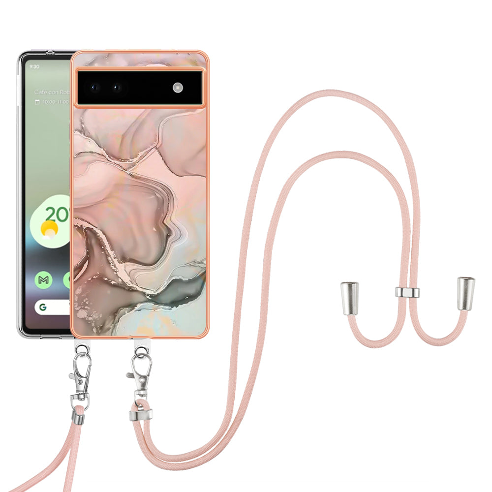 YB IMD Series-18 Style E for Google Pixel 6a Marble Pattern Slim Case Electroplating Frame 2.0mm Flexible TPU Phone Cover with Lanyard