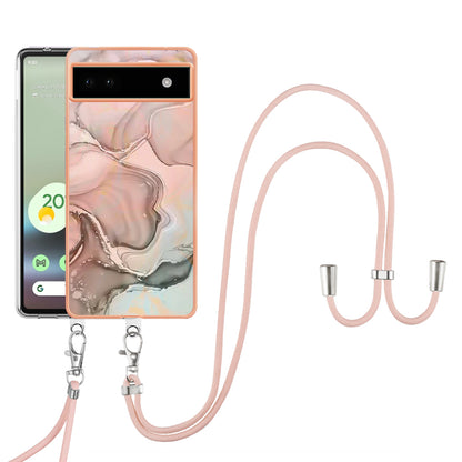 YB IMD Series-18 Style E for Google Pixel 6a Marble Pattern Slim Case Electroplating Frame 2.0mm Flexible TPU Phone Cover with Lanyard