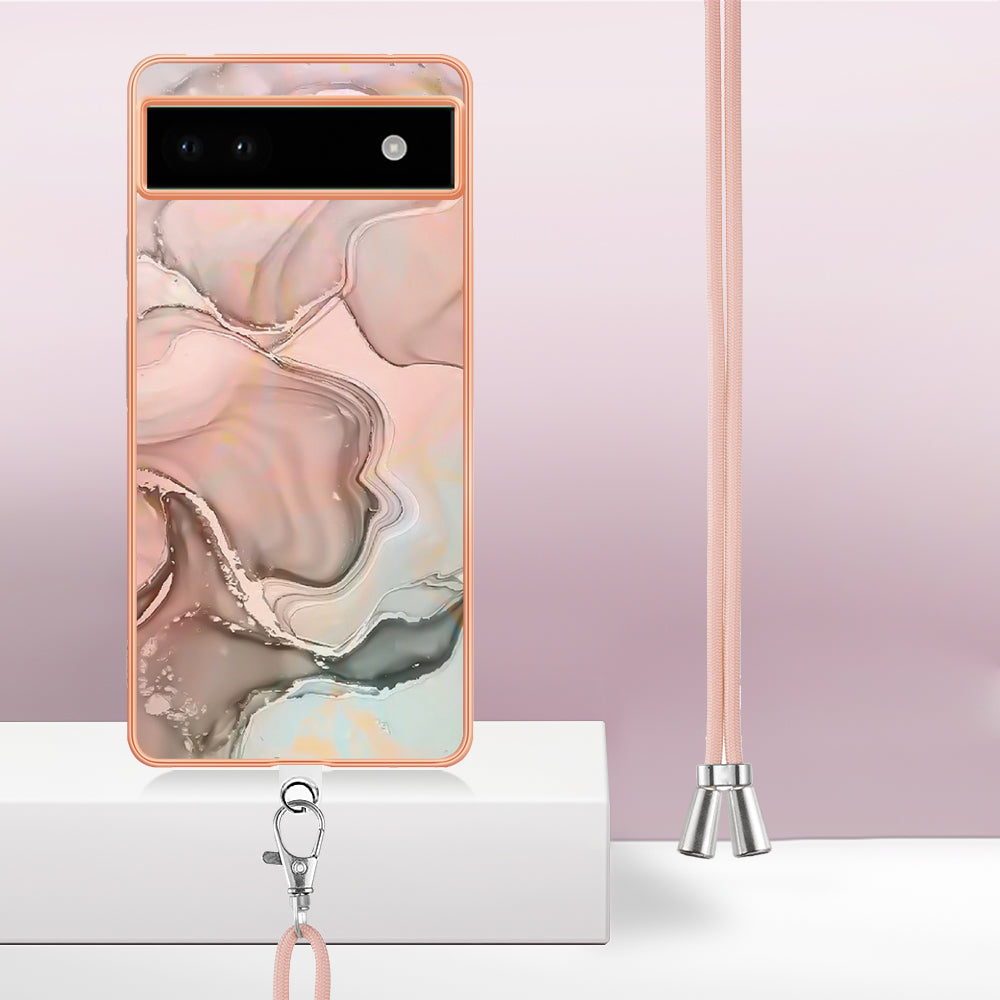 YB IMD Series-18 Style E for Google Pixel 6a Marble Pattern Slim Case Electroplating Frame 2.0mm Flexible TPU Phone Cover with Lanyard