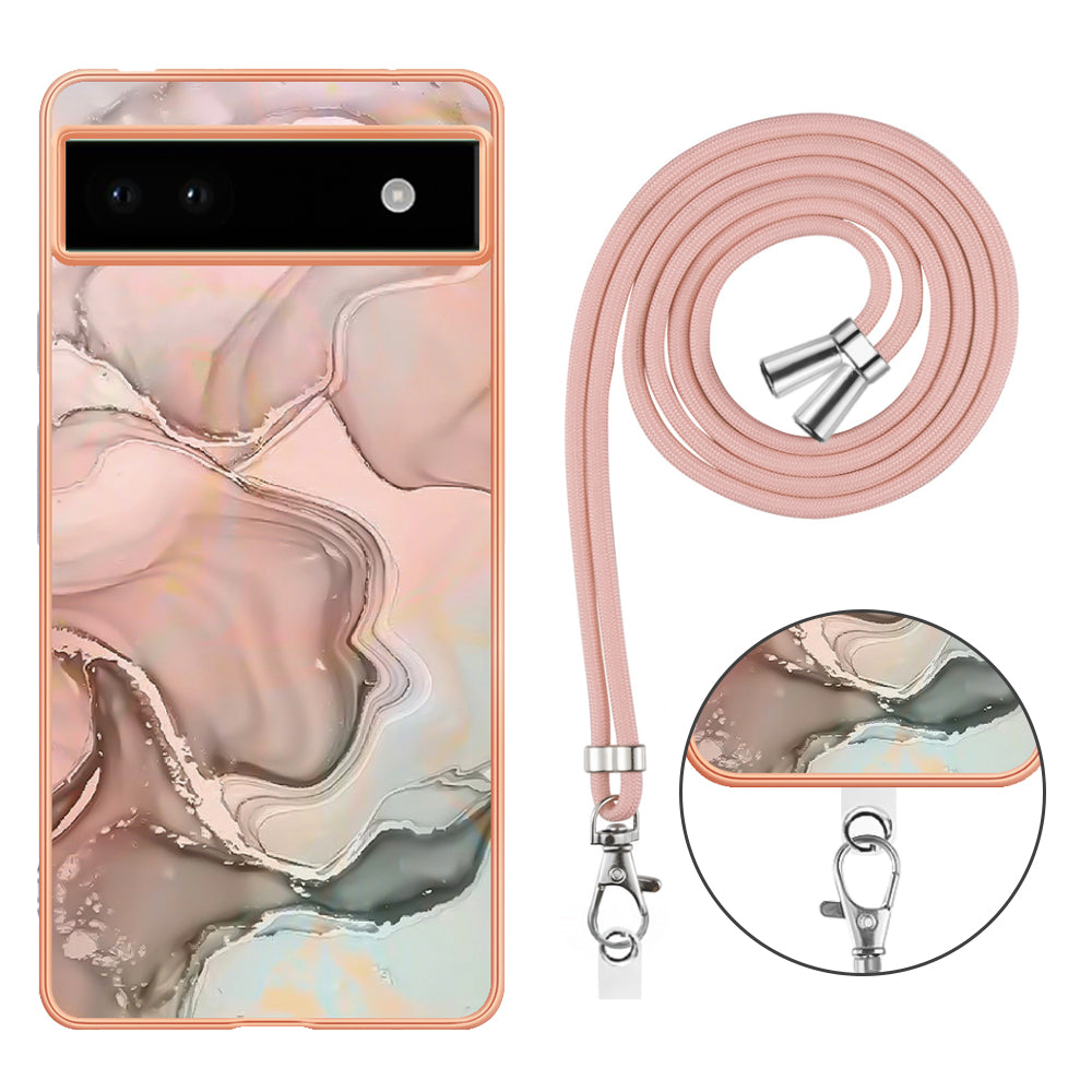 YB IMD Series-18 Style E for Google Pixel 6a Marble Pattern Slim Case Electroplating Frame 2.0mm Flexible TPU Phone Cover with Lanyard