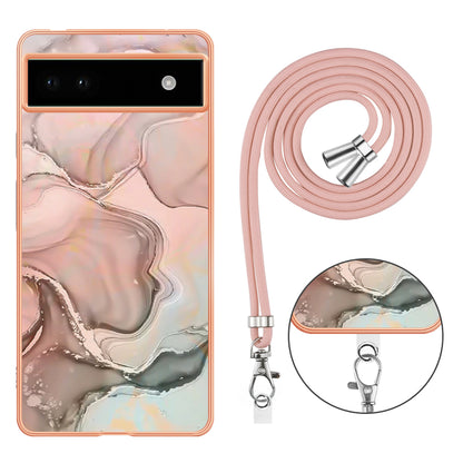 YB IMD Series-18 Style E for Google Pixel 6a Marble Pattern Slim Case Electroplating Frame 2.0mm Flexible TPU Phone Cover with Lanyard